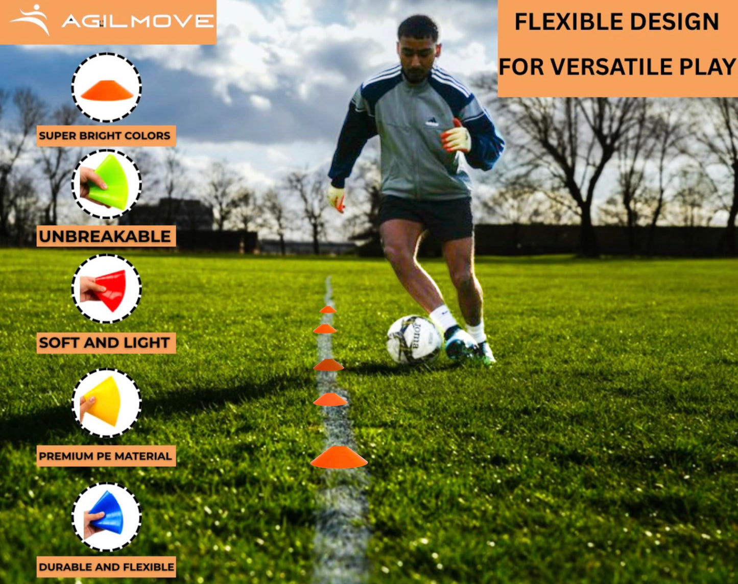 Flexible Soccer Cones (Pack 60, Multi Colors) with Mesh Bag & Strap, Unbreakable Sports Cones for Soccer, Basketball, Football Training Equipment, Agility Soccer Cones for Drills Training