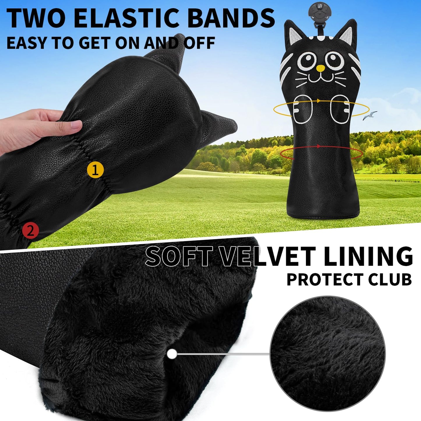 Golf Kitty Head Cover Golf Club Black Leather Headcovers Set Fits Driver Fairway Wood Hybrid Utility Putter Iron Wedge Headcover.