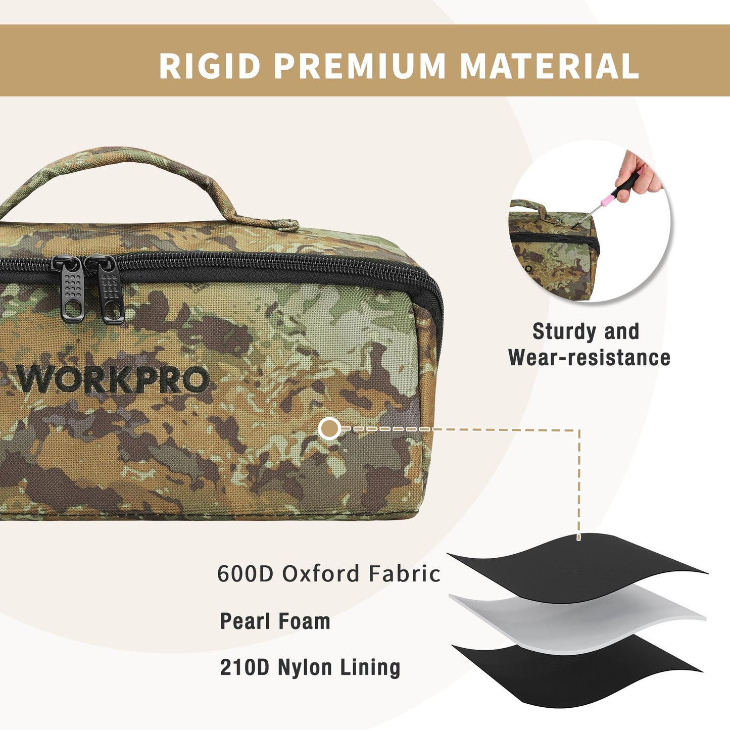 WORKPRO Tool Bag with Zipper, 10" Utility Wide Mouth Heavy Duty Tool Storage Bag, Multipurpose Zipper Tool Pouch Tote Bag for Organizer 3-pack, Camo
