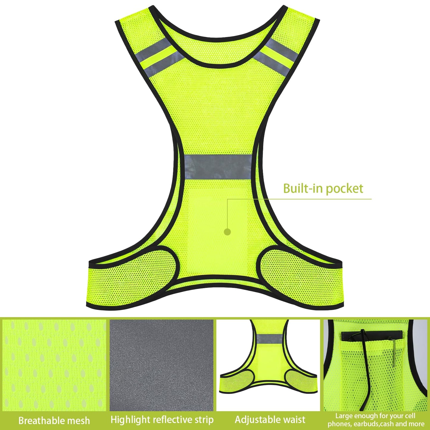 Ymapinc Lightweight Yellow Night Running Vest, Safety Reflective Vest for Walking, High Visibility Gear with Large Pocket, for Men Women, Ideal for Cycling, Running/Walking/Biking Gear for Night Use