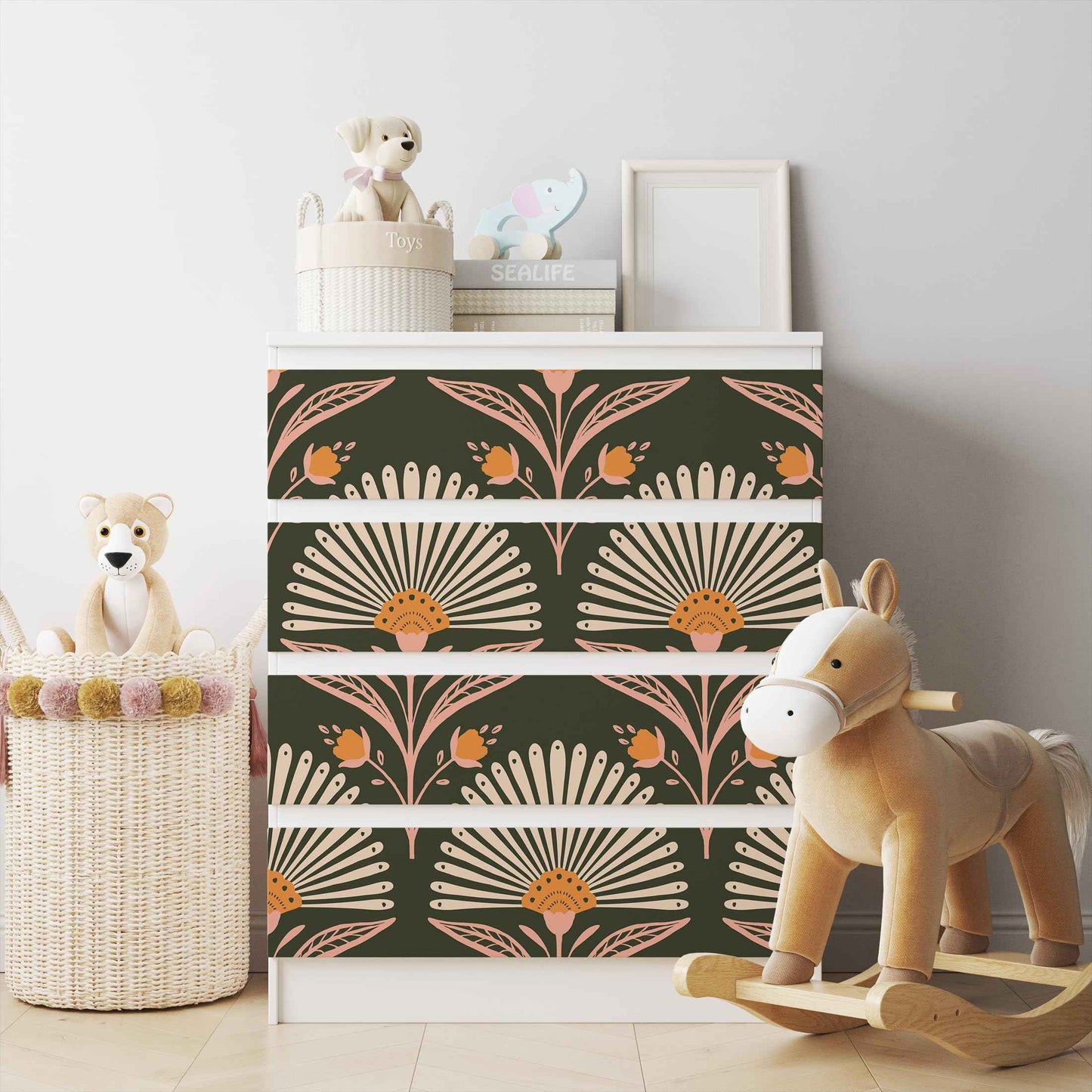 Peel and Stick Wallpaper -Blooming Fan Shaped Floral Wallpaper, Removable Contact Paper in Black Modern Design for Bathroom, Bedroom, Living Room Laundry Decor 17.7”×118”