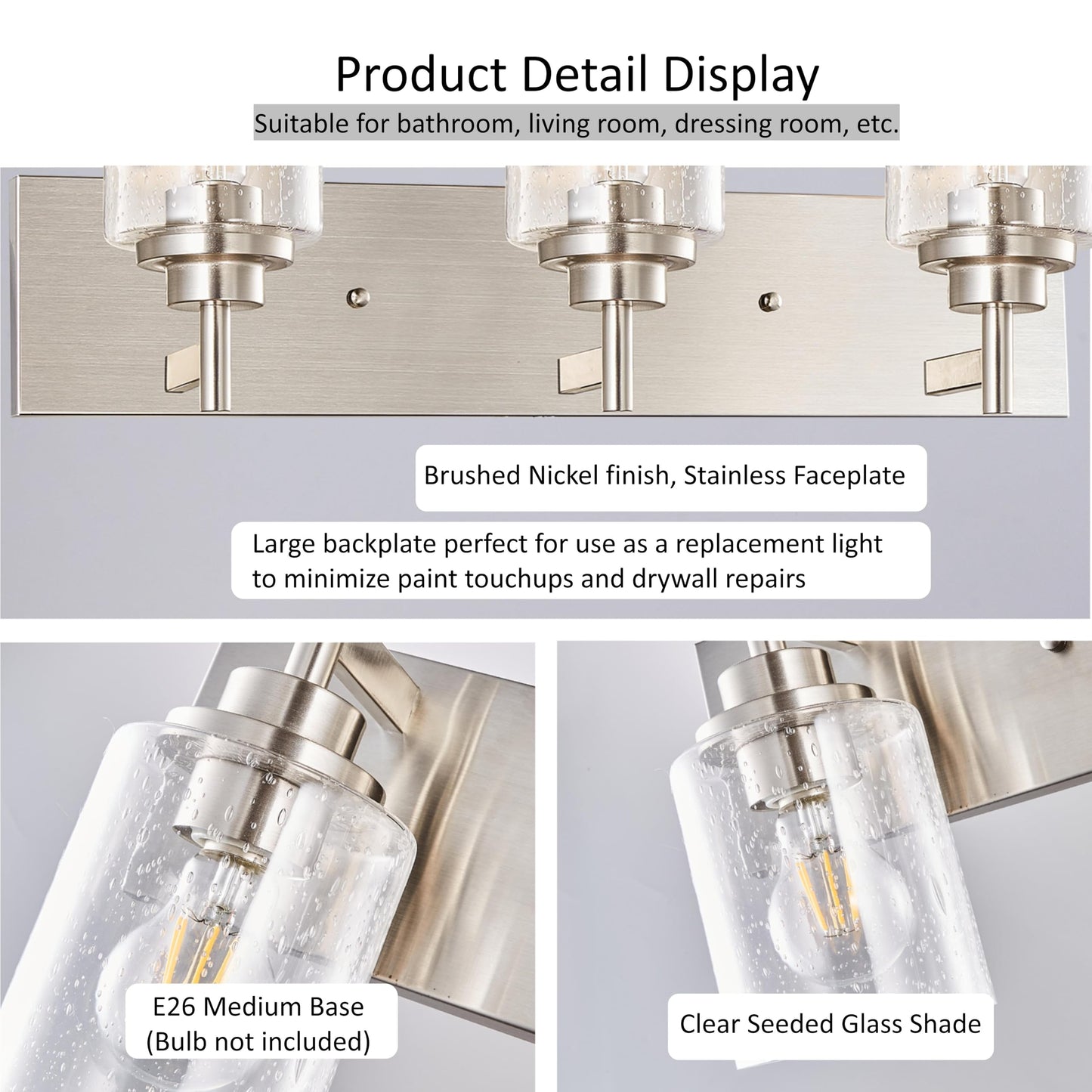 landskylite Bathroom Vanity Light Fixture, Brushed Nickel，24" 3-Light，Offset Mount, Modern Wall Sconce，Seeded Glass & Large Backplate - Farmhouse Lighting for Bathroom, Living Room, Hallway