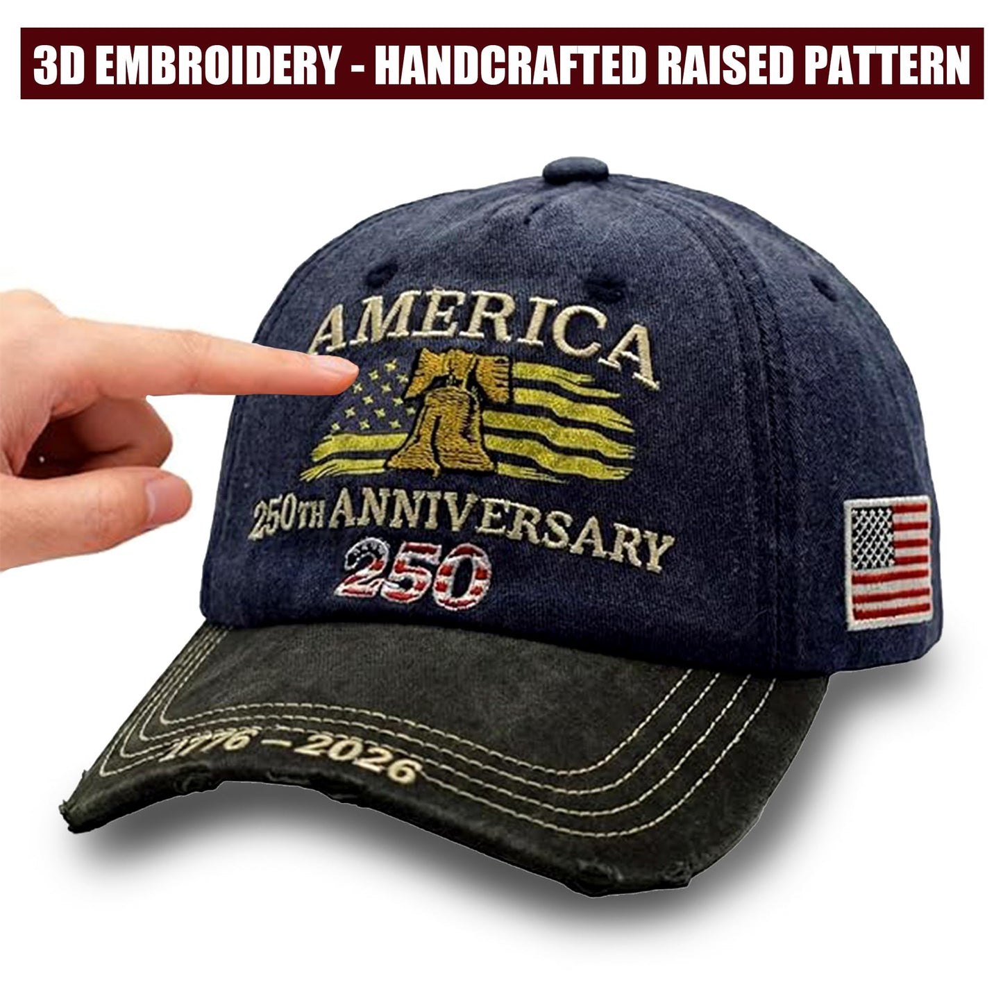 permabloom 250th US 1776-2026 Anniversary Cap, Embroidered Adjustable Patriotic Baseball Hat for 4th of July Independence Day (Navy Blue)