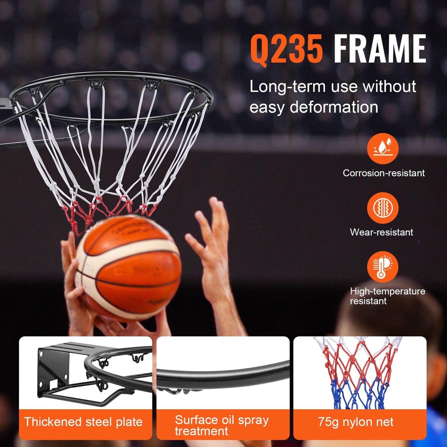 VEVOR Basketball Rim, Wall Door Mounted Basketball Hoop, Heavy Duty Q235 Basketball Flex Rim Goal Replacement with Net, Standard 18" Indoor and Outdoor Hanging Basketball Hoop