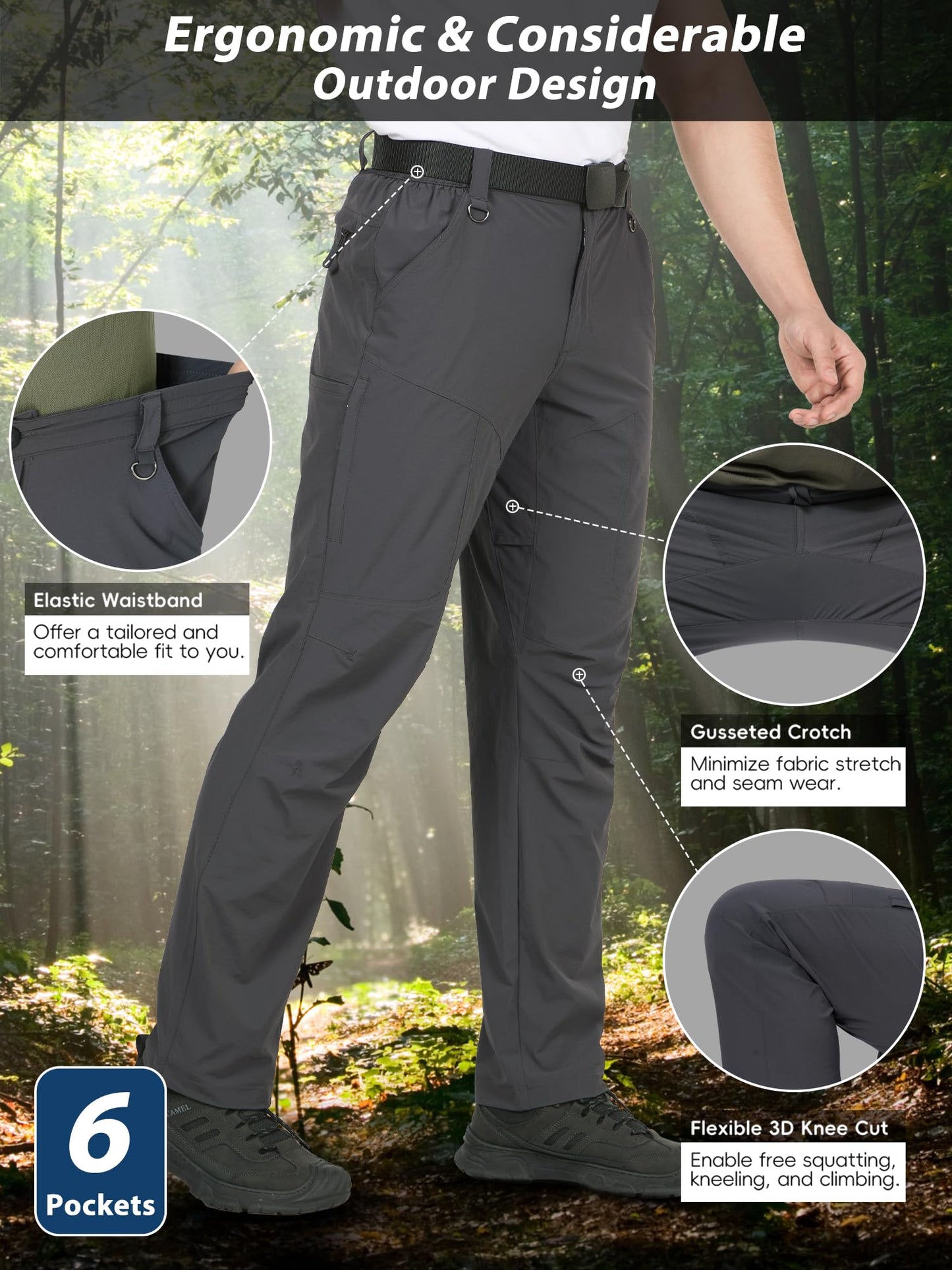 Zoofly Mens Cargo Pants Water Resistant Quick Dry Hiking Work Pants Nylon Light Weight Stretch Comfy Travel Fishing (Dark Grey, 36W*30L)