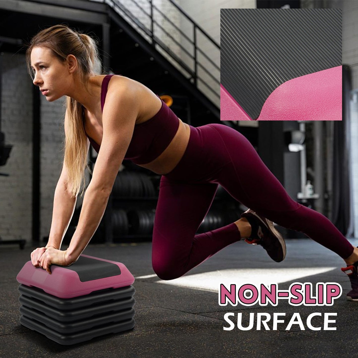 Fitvids 16''x 16'' Adjustable High Step Aerobic Step Platform with 4 Stackable Risers, Workout Step Platform for Exercise at Home, Stepper with Non-Slip Surface for Fitness Training, Cardio Strength, Pink