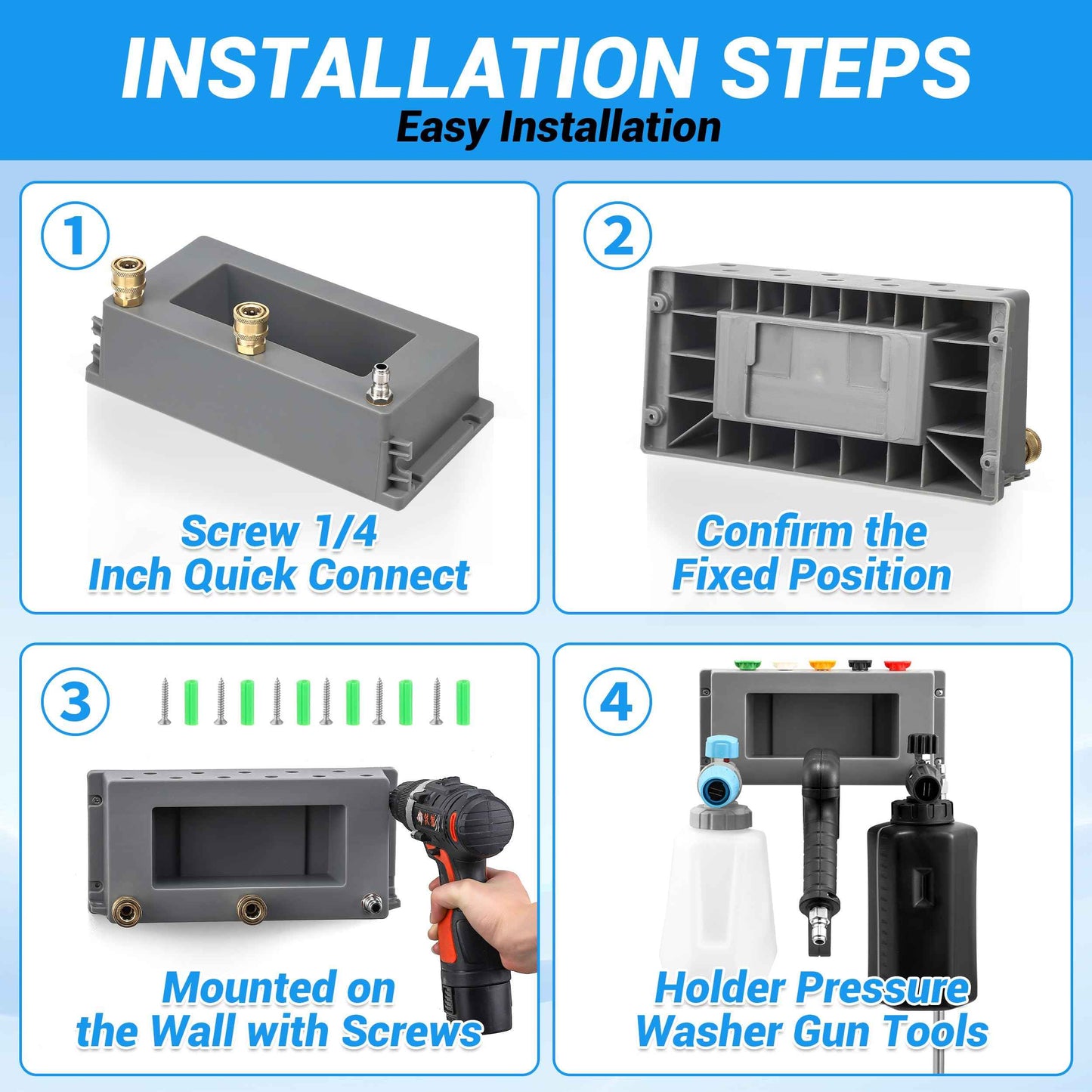 PWACCS Pressure Washer Gun Holder, Foam Cannon Holder, 1/4" Quick Connect Pressure Washer Nozzle Tip and Wand Holder, Foam Cannon Bucket Mount for Organize Power Washing Accessories
