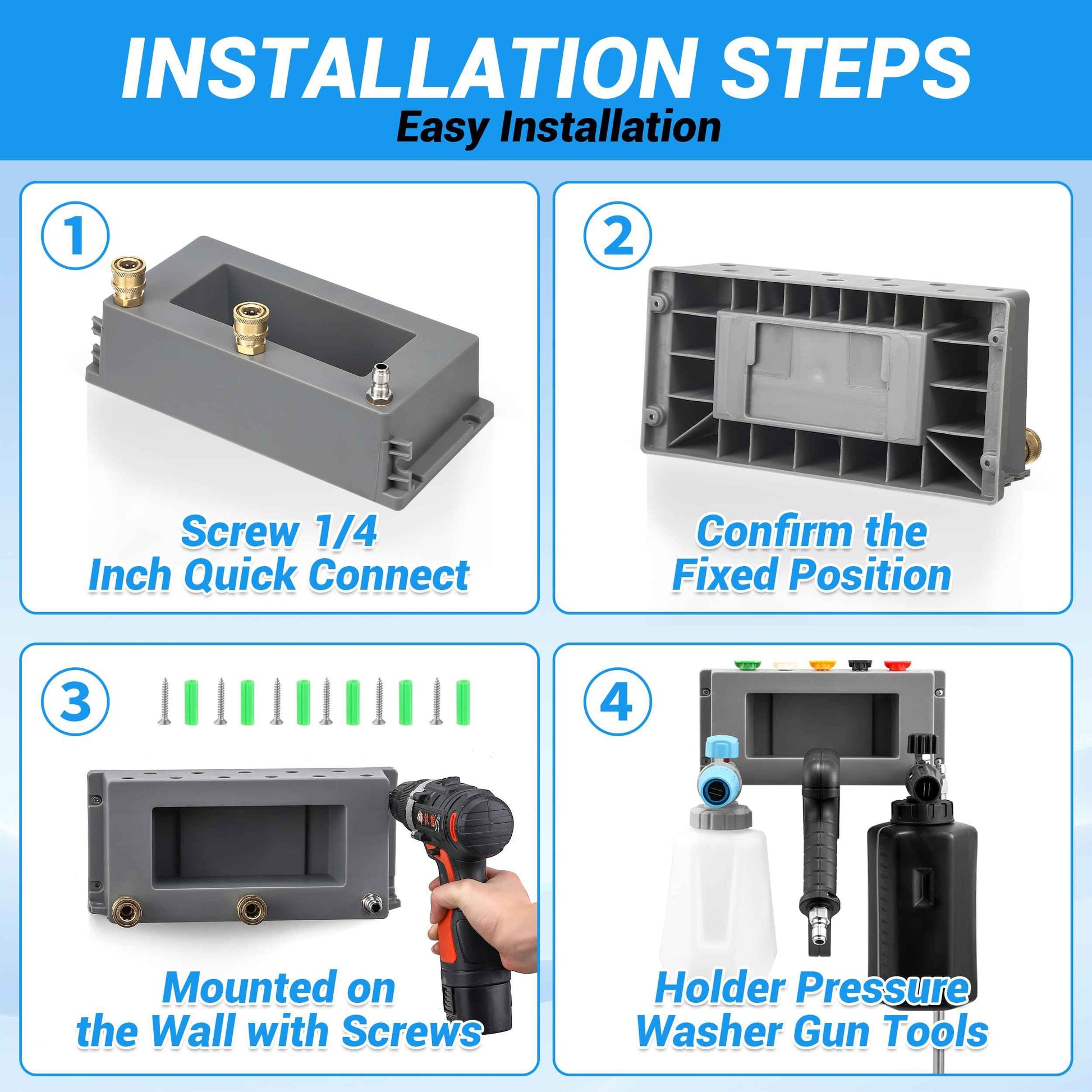 PWACCS Pressure Washer Gun Holder, Foam Cannon Holder, 1/4" Quick Connect Pressure Washer Nozzle Tip and Wand Holder, Foam Cannon Bucket Mount for Organize Power Washing Accessories