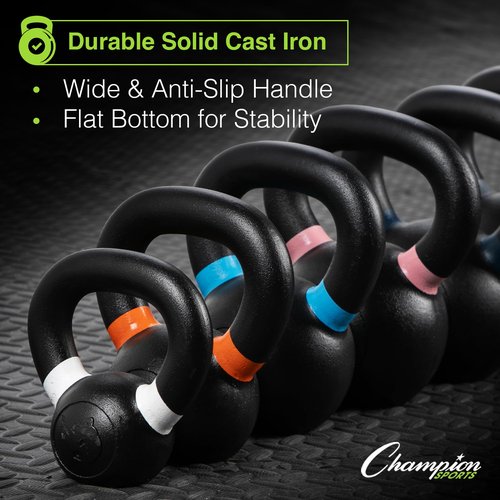 Champion Sports Rhino Fitness 10 LB Iron Kettlebell - Full Body Powder Coated - Textured for Improved Grip - Color Coded Handles