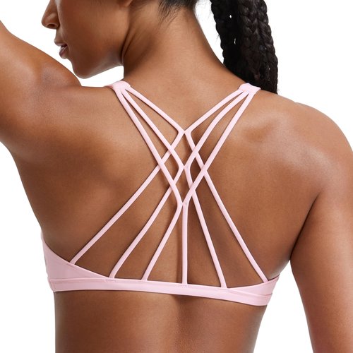 CRZ YOGA Naked Feeling Cross Back Sports Bras for Women - Strappy Back Padded Medium Support Wireless Gym Cami Workout Yoga Strawberry Pink Small