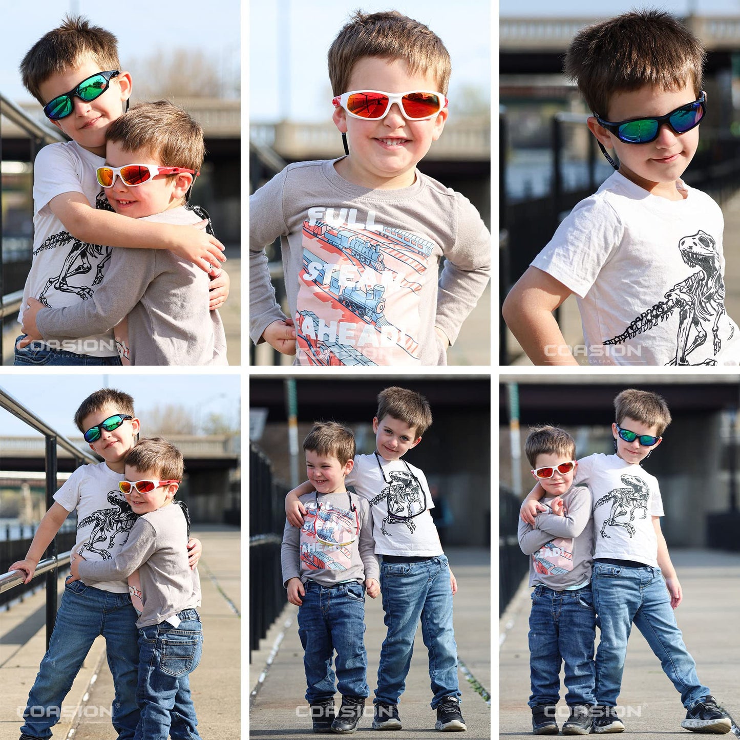 COASION Kids Sports Polarized Sunglasses with Strap 2 Pack Mirrored Glasses Shades for Boys Girls Age 4-12 (Black/Green Mirror+White-Red/Orange Mirror)