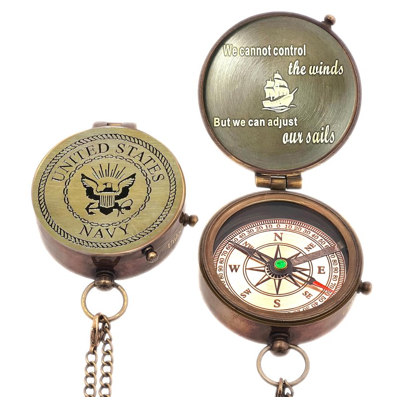 US Navy Military Gifts for Men Women - Personalized Retirement Compass for Son Mom Dad Family - Engraved United States Navy Gift (Navy with Wooden Box)