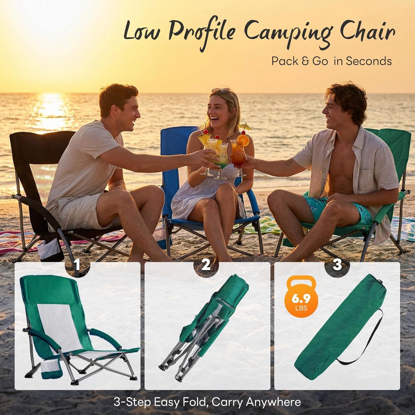 NEWBULIG Low Beach Chair - Portable Folding Camping Chair with Cup Holders & Carry Bag | Extra Wide Seat, High Back, Blue
