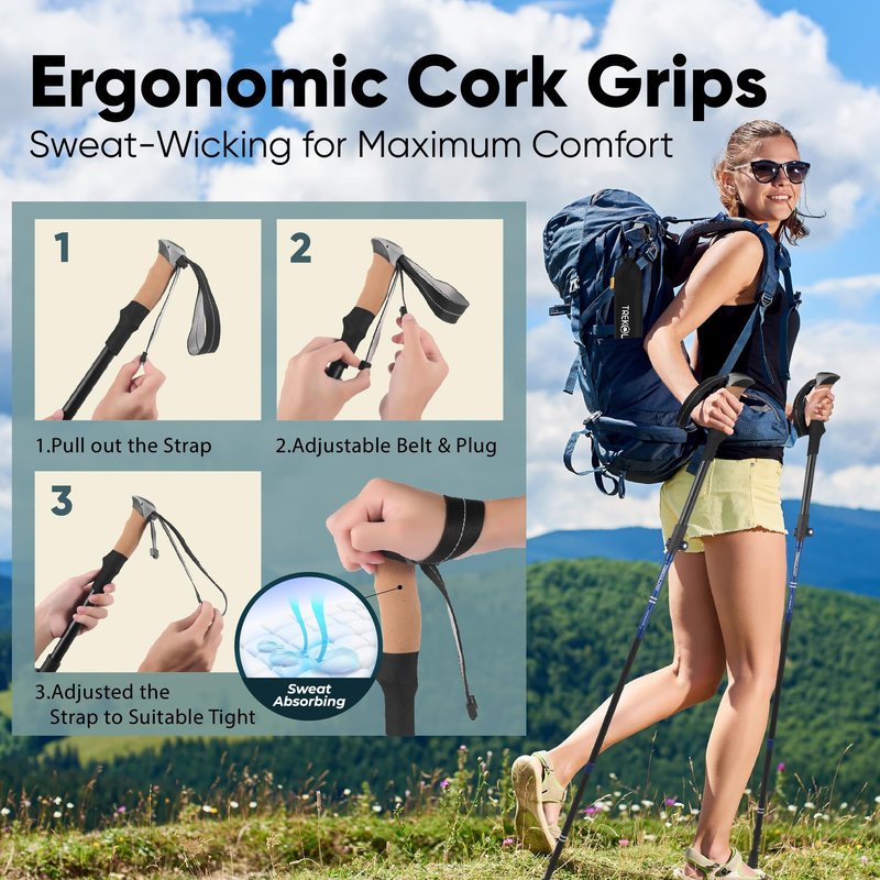 TREKOLOGY Hiking Poles with Real Cork Grips, Adjustable for Heights 5'2'' to 6'5'' – Lightweight Trekking Poles, Aircraft-Grade Aluminum, Compact Fold for Hiking & Backpacking (2pc Set) TREKZ Cork SE