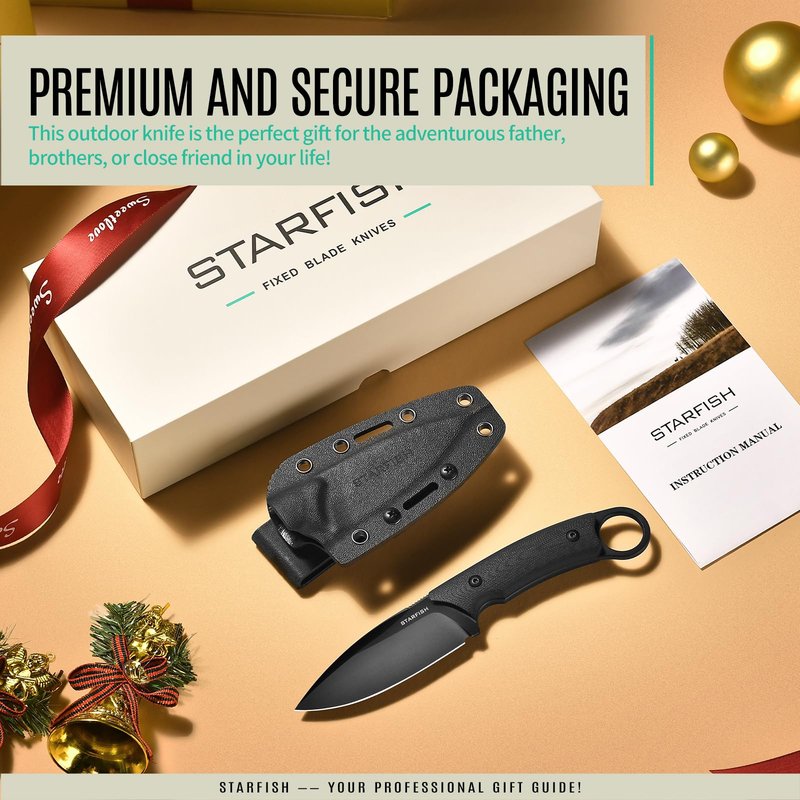 STARFISH 3.5” Full Tang Fixed Blade Knife, DC53 Steel Titanium Coating Blade G10 Handle Bowie Knives with Sheath for Camping, Hiking, Survival