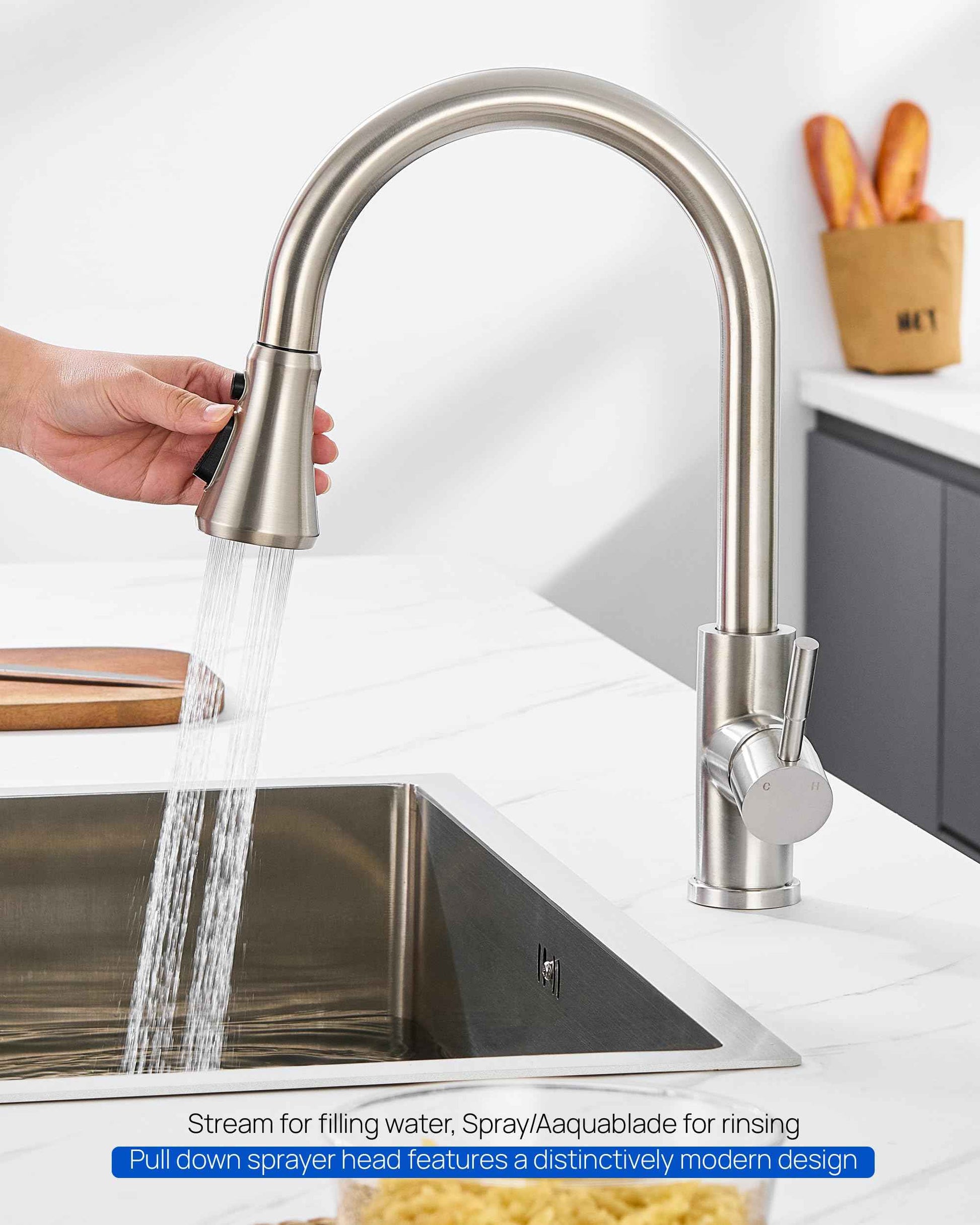 J-HVA Kitchen Faucet Head, Pull Down Kitchen Sink Sprayer Head Replacement for Kitchen Faucet, 3 Functions High Pressure Sink Spray Nozzle, Spray Head with 15 Adapters, Brushed Nickel