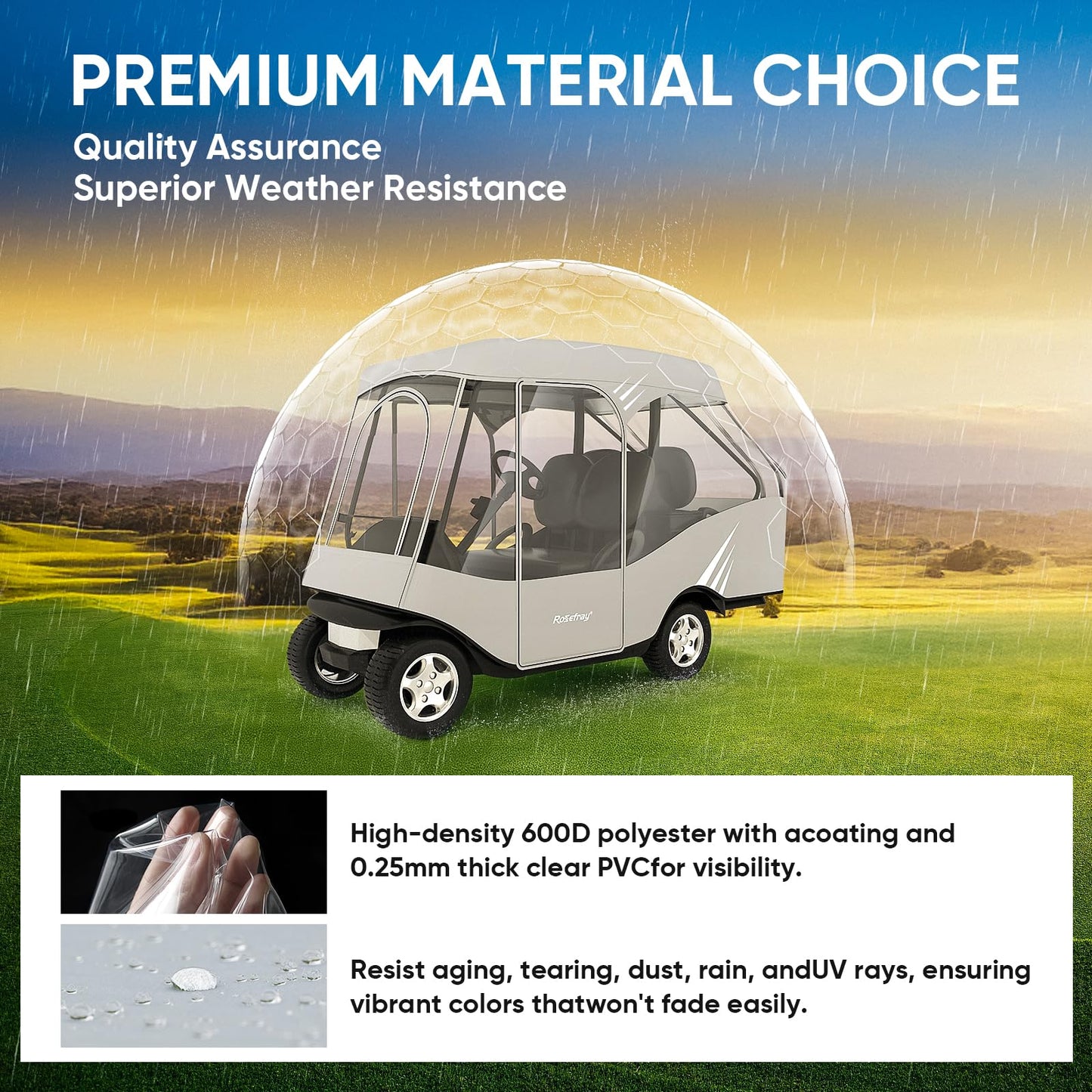 Rosefray Golf Cart Enclosure, 600D Waterproof 4 Passenger Driving Enclosure with Clear PVC Windshield, Short Roof 58" for EZGO, Club Car- Durable Door Zipper - 2+2 Golf Cart Rain Cover-Black
