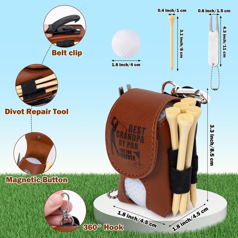 PANTIDE Father’s Day Golf Gift Set for Men Dad Grandpa - Brown PU Leather Pouch with 2 Balls, 5 Wooden Tees, Divot Repair Tool, Golf Accessories Gift for Birthday Christmas Retirement