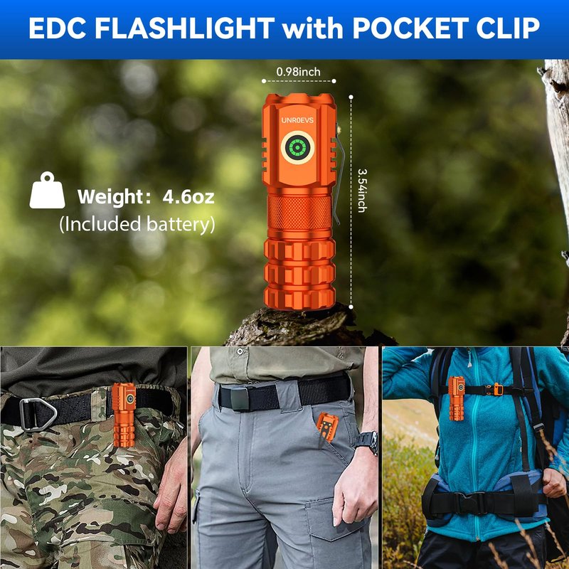 UNROEVS XC06 Mini Flashlight Rechargeable,Pocket Flashlight with Magnet,Super Bright Small Compact Flashlight,5 Modes EDC Flashlight for Camping,Emergency. (1, Orange)