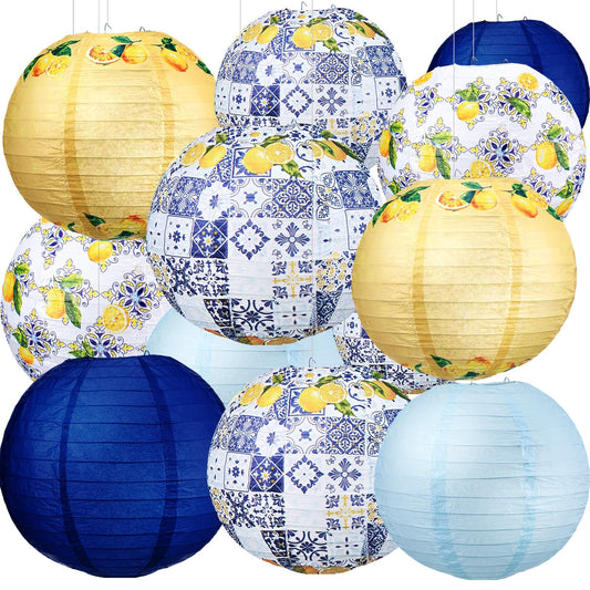Retisee 12 Pcs 10'' Capri Lemon Pattern Paper Lantern Party Supplies for Bridal Shower Wedding Amalfi Coast Blue Yellow Tiles Mediterranean Party Paper Lantern Hanging Decor for Lemon Birthday