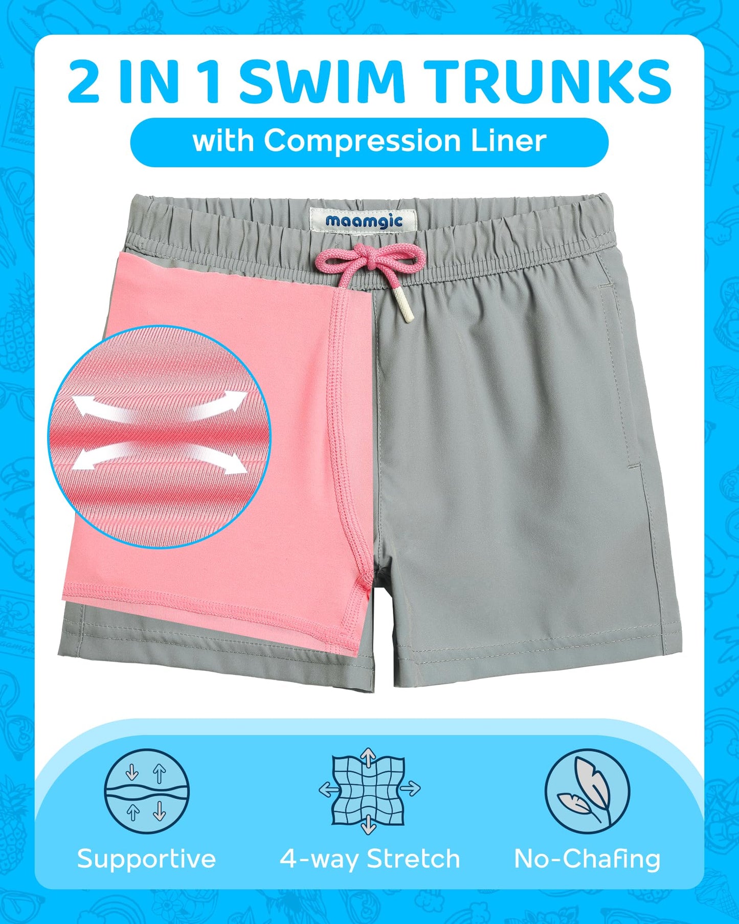maamgic Boys Swim Trunks with Compression Liner 4-Way Stretch Quick Dry Swim Shorts Swimming Trunks Toddler Boy Gray Pink 8 Years