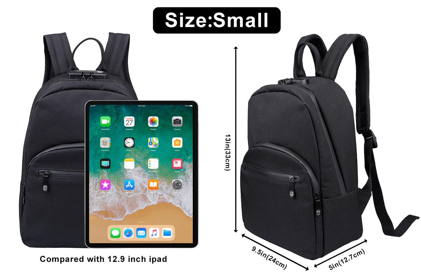 FIREDOG Mini Smell Proof Backpack with Lock for Men Women, Smell Proof Bookbag for Travel (Black)
