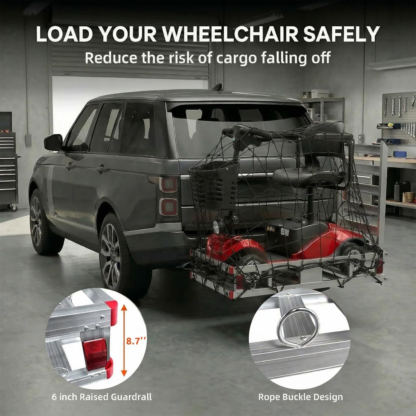 VigorTool Aluminum Hitch Cargo Carrier with 41.5" Folding Ramp, 50" x 29.5" x 8.7" Basket, 500 lb Capacity, Wheelchair & Mobility Scooter Carrier, Anti-Rattle Stabilizer, Steel Support Frame, Fits 2"