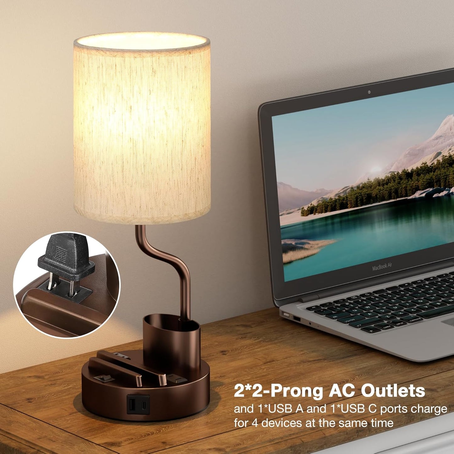 Set of 2 Bedside Table Lamps with USB & AC Outlet - 3 Color Temperatures, Desk Light & Phone Stand for Bedroom, Living Room, Office