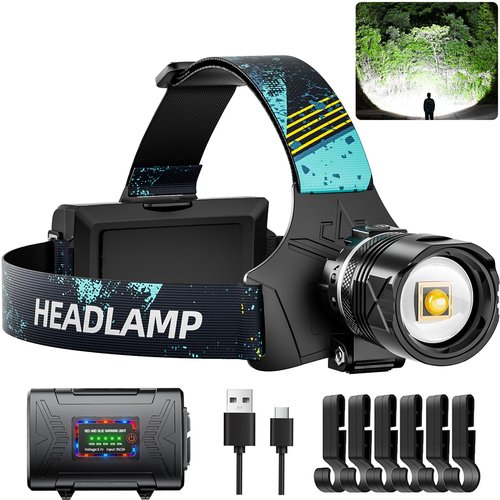 Dszuu Rechargeable LED Headlamp, Super Bright 99000 High Lumens Head Lamp, 90 Hour Standby Head Light with 9 Modes, IPX7 Waterproof Zoom Headlamps, 125° Adjustable Headlight for Camping, Adults