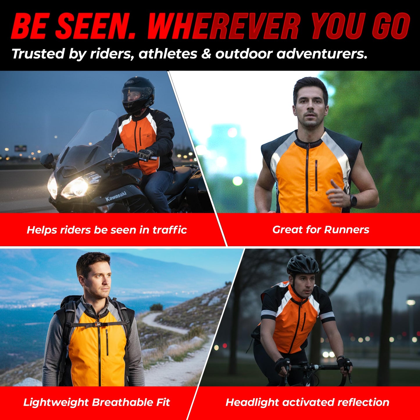 Badass Moto Motorcycle Safety Vest. Orange Motorcycle Reflective Vest with Pockets. High Visibility Biking Gear for Men and Women. Stylish Hi Vis Gear Gifts for Harley Davidson Riders, ATV Riding. 3XL