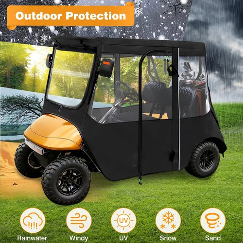 Golf Cart Deluxe Enclosure Cover for EZGO TXT & RXV 2 Seat 600D with 3 Door Zippers, Security Side Mirror Reserved, Waterproof Portable Transparent Storage Driving Rain Cover Short Roof