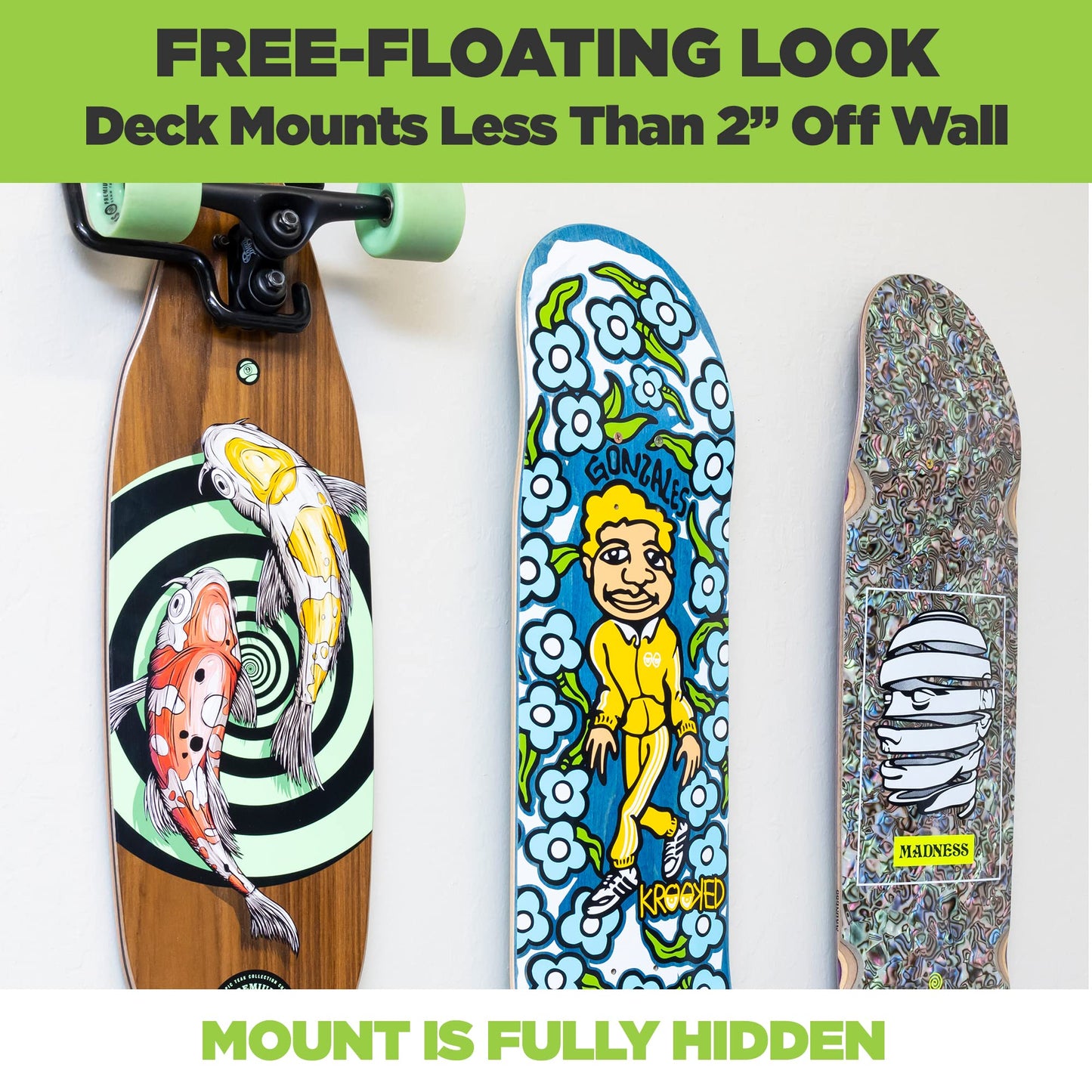 HIDEit Mounts Deck Mount - Steel Skateboard Deck Display Wall Mount - Skateboard Wall Hanger for Skate Decks - Skate Deck Wall Mount to Display Skateboard Decks - Patent Pending