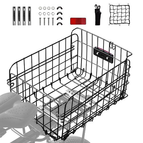 Aikolesa Bike Basket Rear for Adult Bikes, Large Rear Bike Basket Capacity with Reflective Light, Foldable Metal Wire Cover Bicycle Baskets Back Rack for Bike Rear Cargo Rack Ebike Cruiser