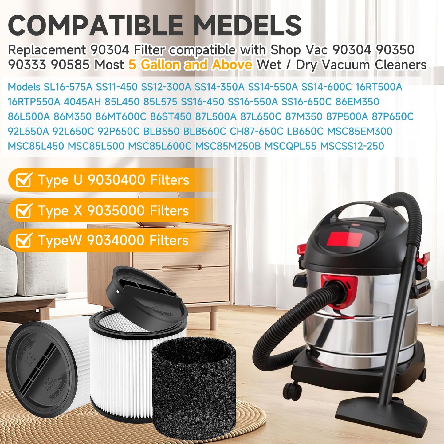 2 Pack 90304 Replacement Filter Compatible with Shop Vac 90304 90350 90333 90585 Wet Dry Vac Cartridge Filter with lids and Filter Foam Sleeve, Fits Most 5 Gallon and Above Shop Vac Vacuum Cleaners