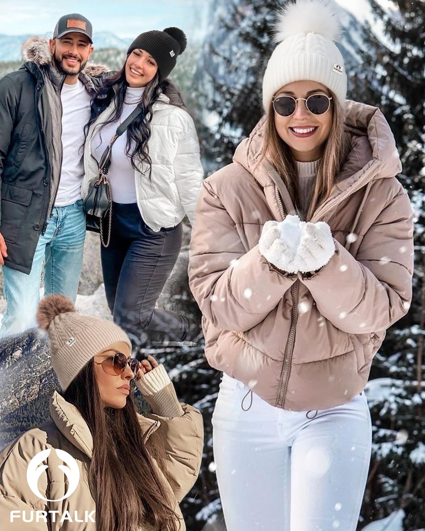 FURTALK Winter Hats for Women Fleece Lined Pom Pom Beanie Warm Knit Cap Light Khaki