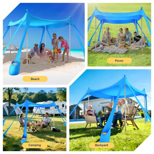 Beach Tent Sun Shelter UPF 50+,10x10 FT Beach Canopy Tent Sun Shade,Pop Up Beach Canopy with 8 Sandbags, Outdoor Beach Shade for Camping Trips, Fishing, Backyard Fun Picnics (Sky Blue)