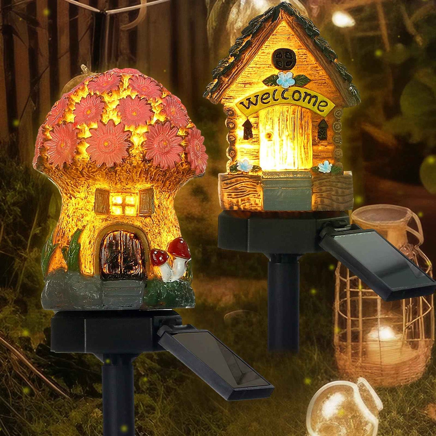 Rossesay 2 Pack Mushroom Fairy House Solar Light Halloween Outdoor Garden Home Statue LED Light Fairy Lights for Outside Christmas Garden Lawn Walkway Patio Yard Backyard Plant Decoration