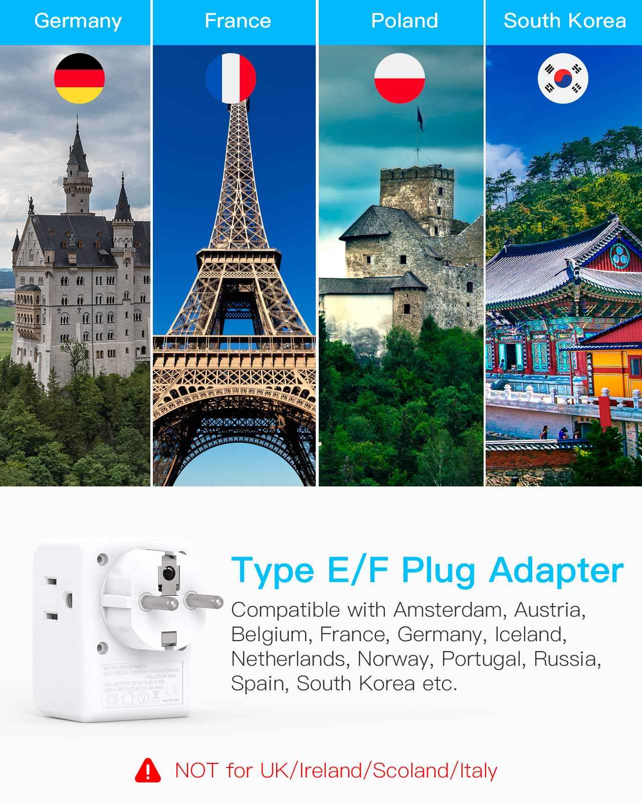 2 Pack Germany France Travel Plug Adapter with 3 Outlets 1 USBA 2 USB C, One Beat Type E/F International Power Adapter, Travel Essentials US to Europe France Germany South Korea Netherlands