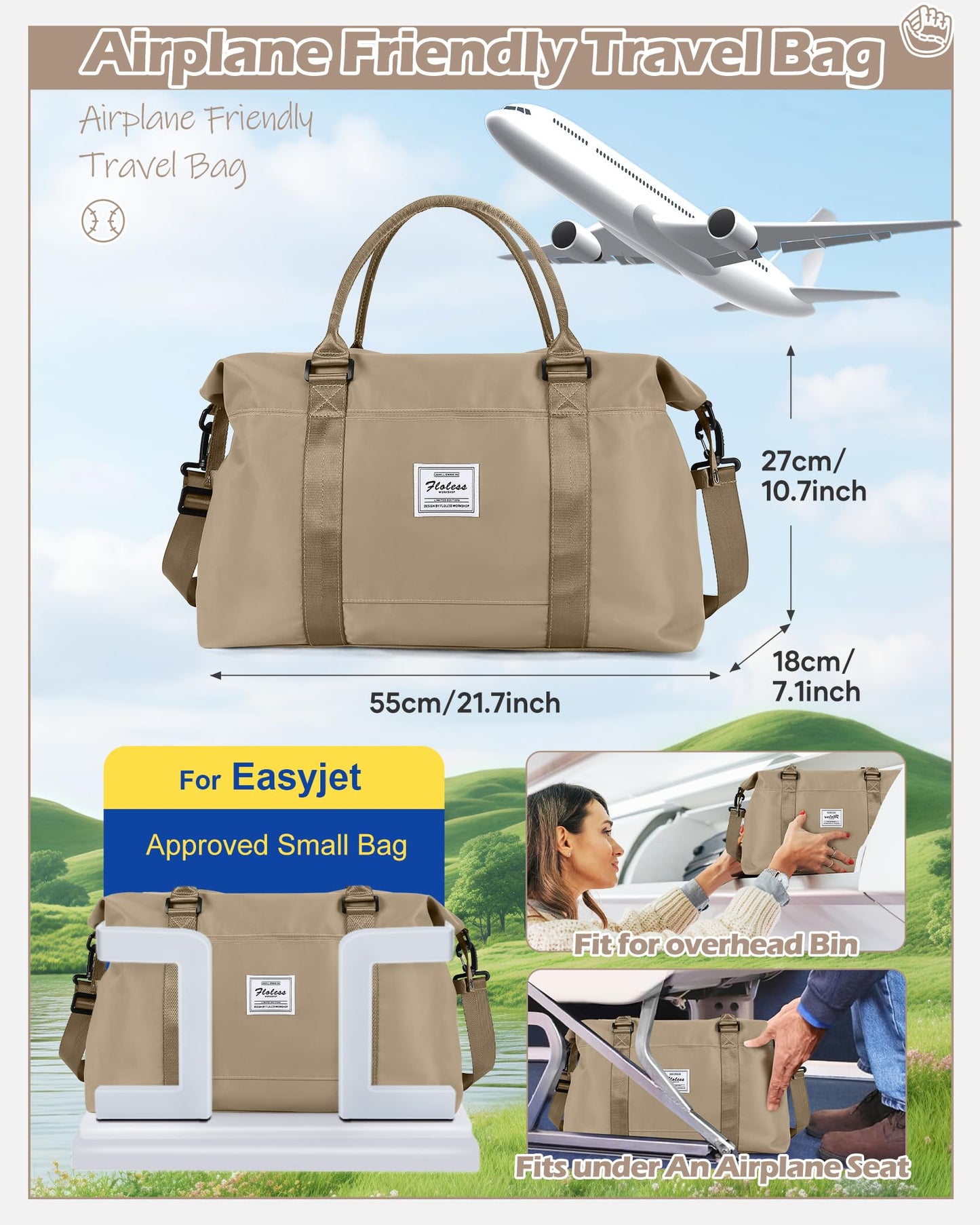 Travel Duffel Bags for Women Mens Waterproof Weekender Carry on Bag Sports Gym Bag Travel Tote Bags with Wet Pocket Overnight Bag Workout Duffel Bags with Trolley Sleeve Khaki