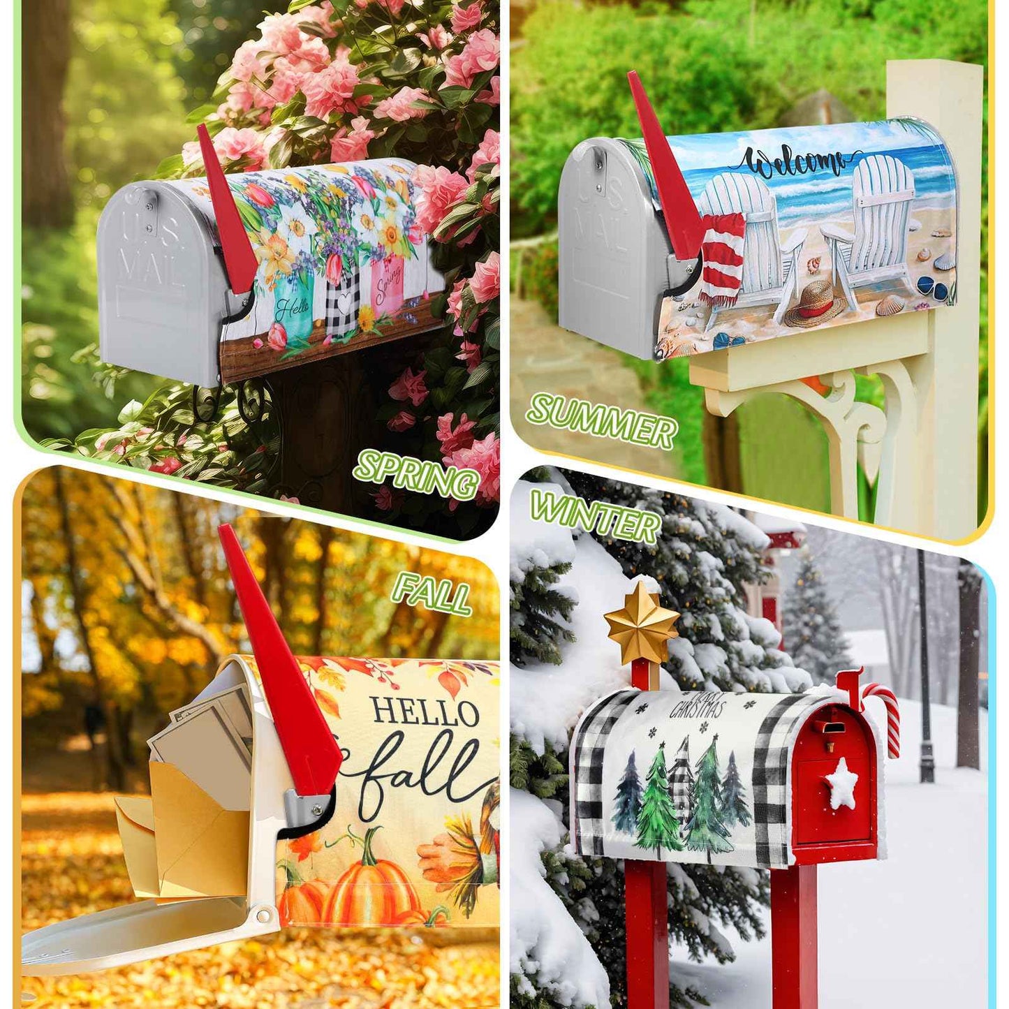 Blosssound 4 Pcs Mailbox Covers Standard Size 18 x 21 Inch Welcome Fall Spring Summer Winter Seasonal Magnetic Mailbox Covers Wraps for Holiday Garden Yard Outdoor Decor(Scarecrow)