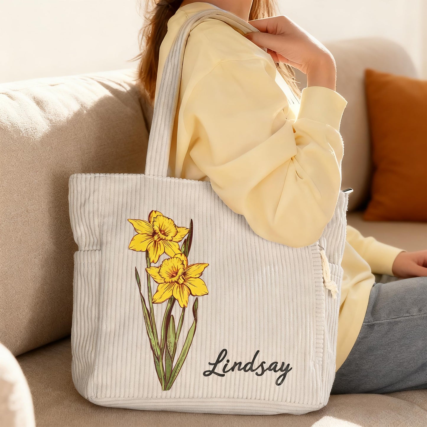 Personalized Birth Flower Corduroy Tote Bag for Women | Name Shoulder Bags