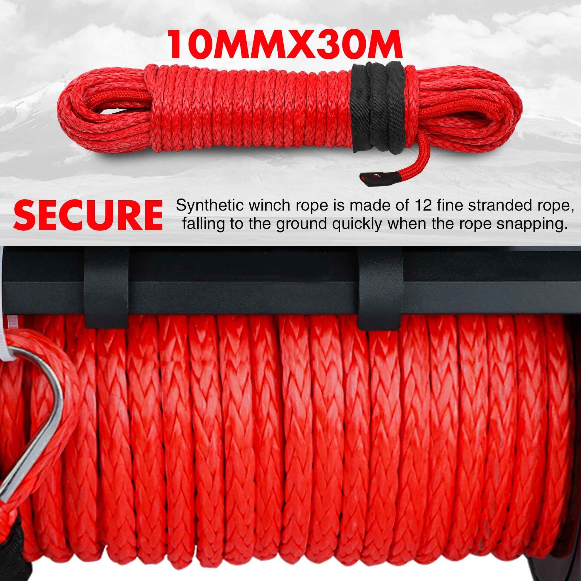 XPV 3/8" x 100ft Synthetic Winch Rope 23,809lbs Dyneema Winch Line Cable Rope with Hook and Sleeve Protection Red