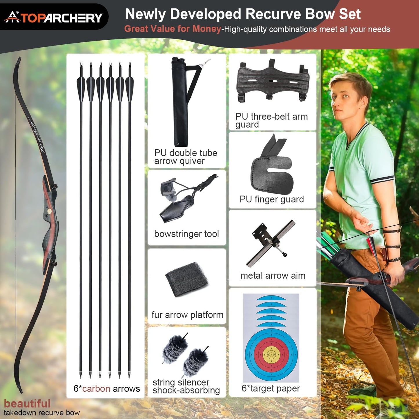 TOPARCHERY Archery 62" Bow and Arrow Set for Adults Youth Beginners, Recurve Bows for Adults, Traditional Takedown Archery Recurve Bow Practice Competition Right Hand-45LB