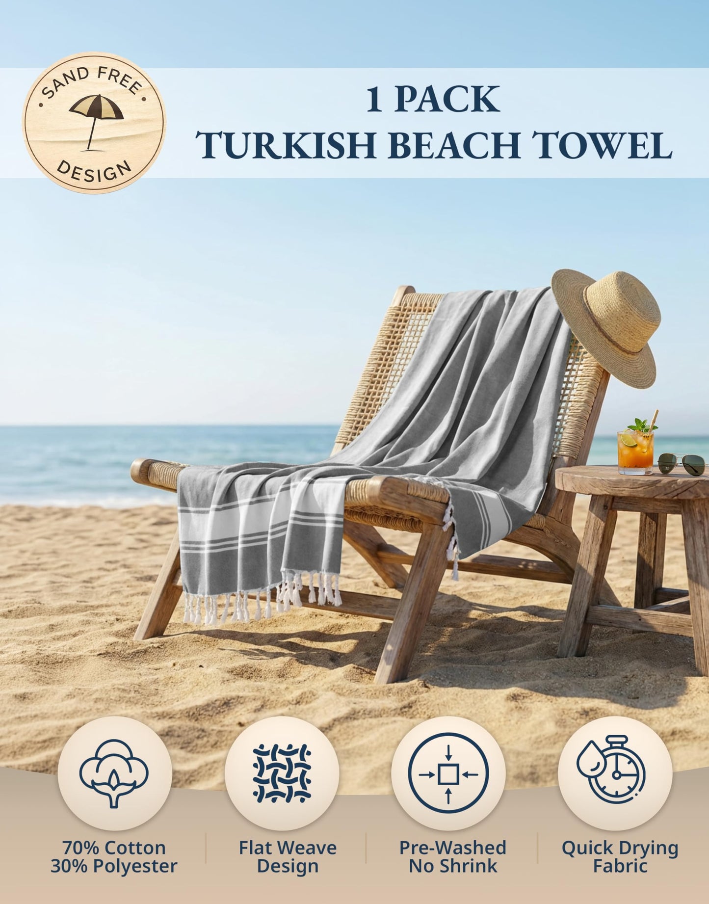 LANE LINEN Cute Beach Towel, Oversized, 39"x71", Super Absorbent - Alloy