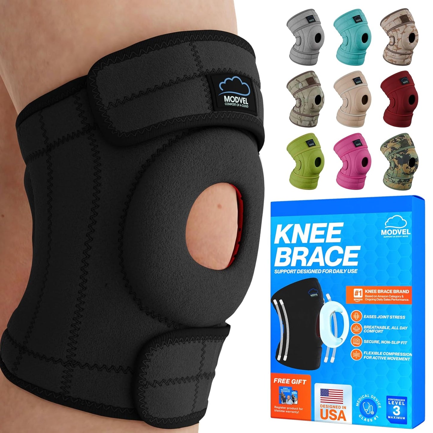 Modvel ELITE Knee Brace - Maximum Support with Patella Gel Pads & Side Stabilizers for Injury Recovery | Ideal for Running & Joint Pain Relief