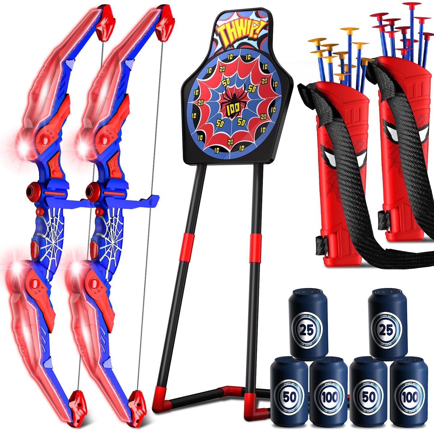 Spider Bow and Arrow Set for Kids, Led Light Up Kids Archery Set with Quiver & Web Target, 10 Suction Cup Arrows & another 3 Target Cans, Birthday Gift toys for 3 4 5 6 7 8 Year Old Boys Girls