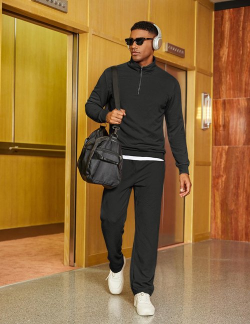 COOFANDY Men Tracksuits SweatSuit Fashion Quarter Zip Pullover Sweatshirts Geometric Texture Casual Long Pants