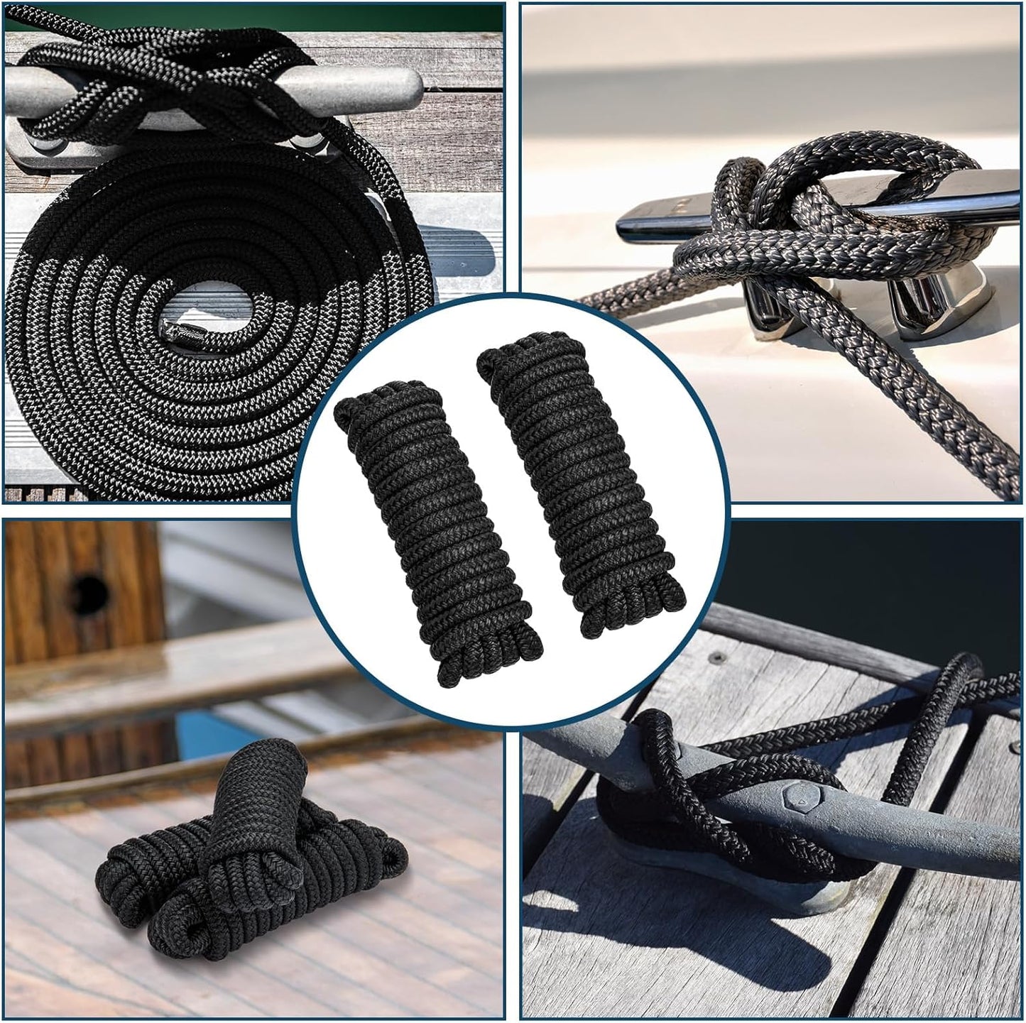 Premium Marine-Grade Dock Lines by [Brand Name] | 4 Pack 1/2" x 15’ Double Braided Nylon with 12" Eyelet - Black