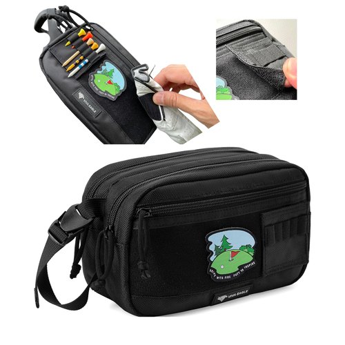 VIVA EAGLE Golf Pouch Bag for Balls Accessories Valuables | Hook-and-Loop Front Panel | Detachable Tee Holder and Motivation Patches | 10 Bamboo Tees 3-1/4 inch | Gym Sports Travel Tactical