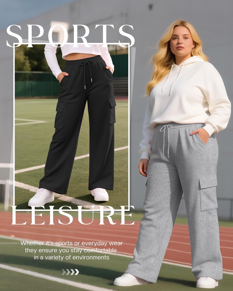 Neer 3 Pack Women's Plus Size Cargo Sweatpants Wide Leg Drawstring Bottom Pants Baggy Loose Casual Athletic Trousers(Black, Dark Gray, Light Gray,3X-Large)